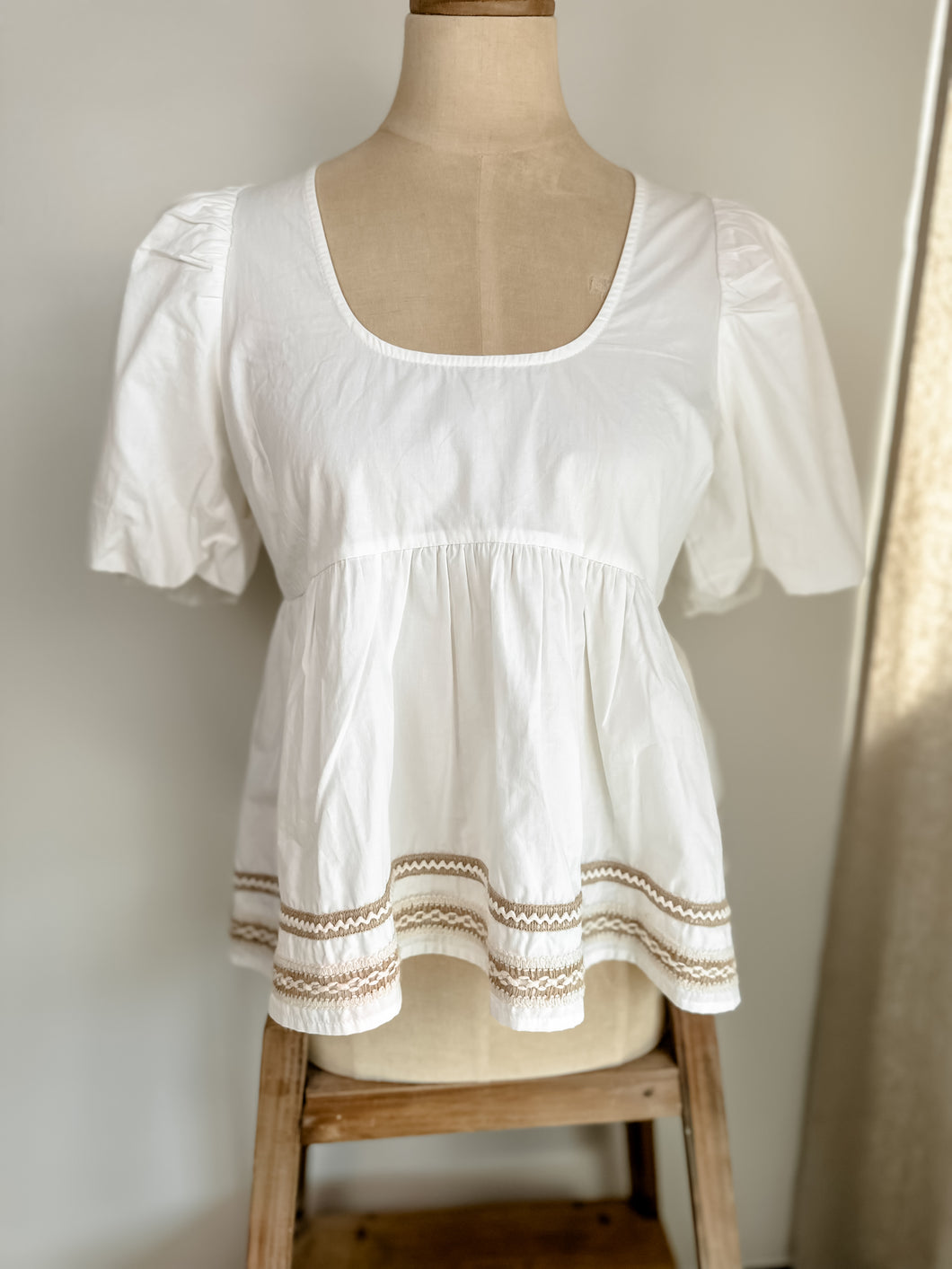 Embroidered Trim Puff Top