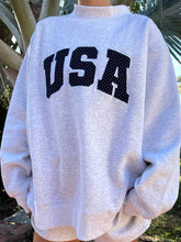 Load image into Gallery viewer, Pearl Grey Navy Blue Polka Dot USA Mockneck Sweatshirt
