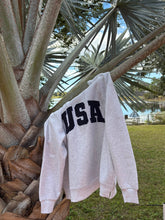 Load image into Gallery viewer, Pearl Grey Navy Blue Polka Dot USA Mockneck Sweatshirt
