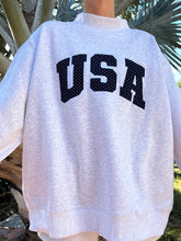 Load image into Gallery viewer, Pearl Grey Navy Blue Polka Dot USA Mockneck Sweatshirt
