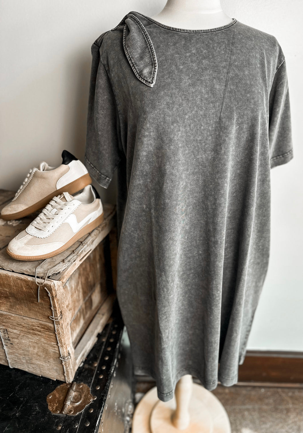 Bow Shoulder Mineral Washed Dress