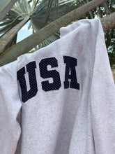 Load image into Gallery viewer, Pearl Grey Navy Blue Polka Dot USA Mockneck Sweatshirt

